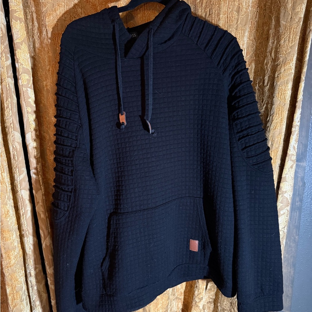 Textured Black Hooded Sweatshirt with Drawstrings